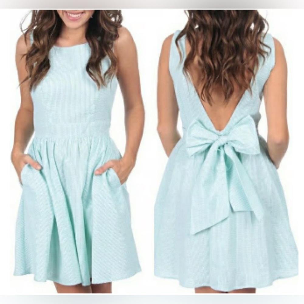 NWOT Mint and White Seersucker bow back Authentic Lauren James Emerson dress